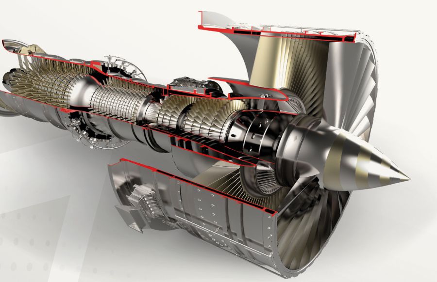 A cutaway of a jet engine