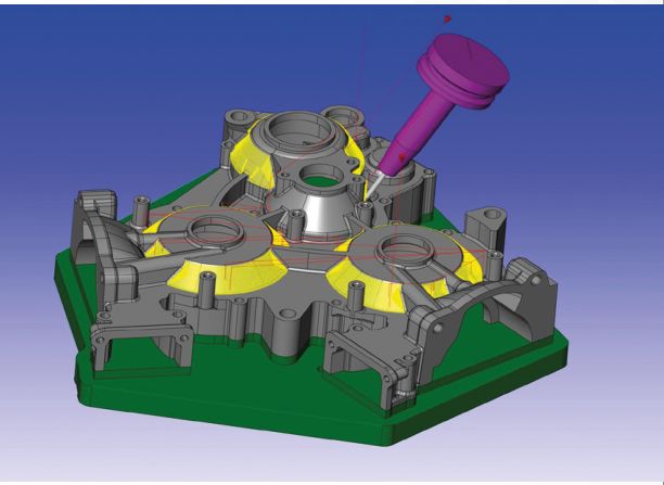 A hyperMILL CAD/CAM simulation of a part on a fixture