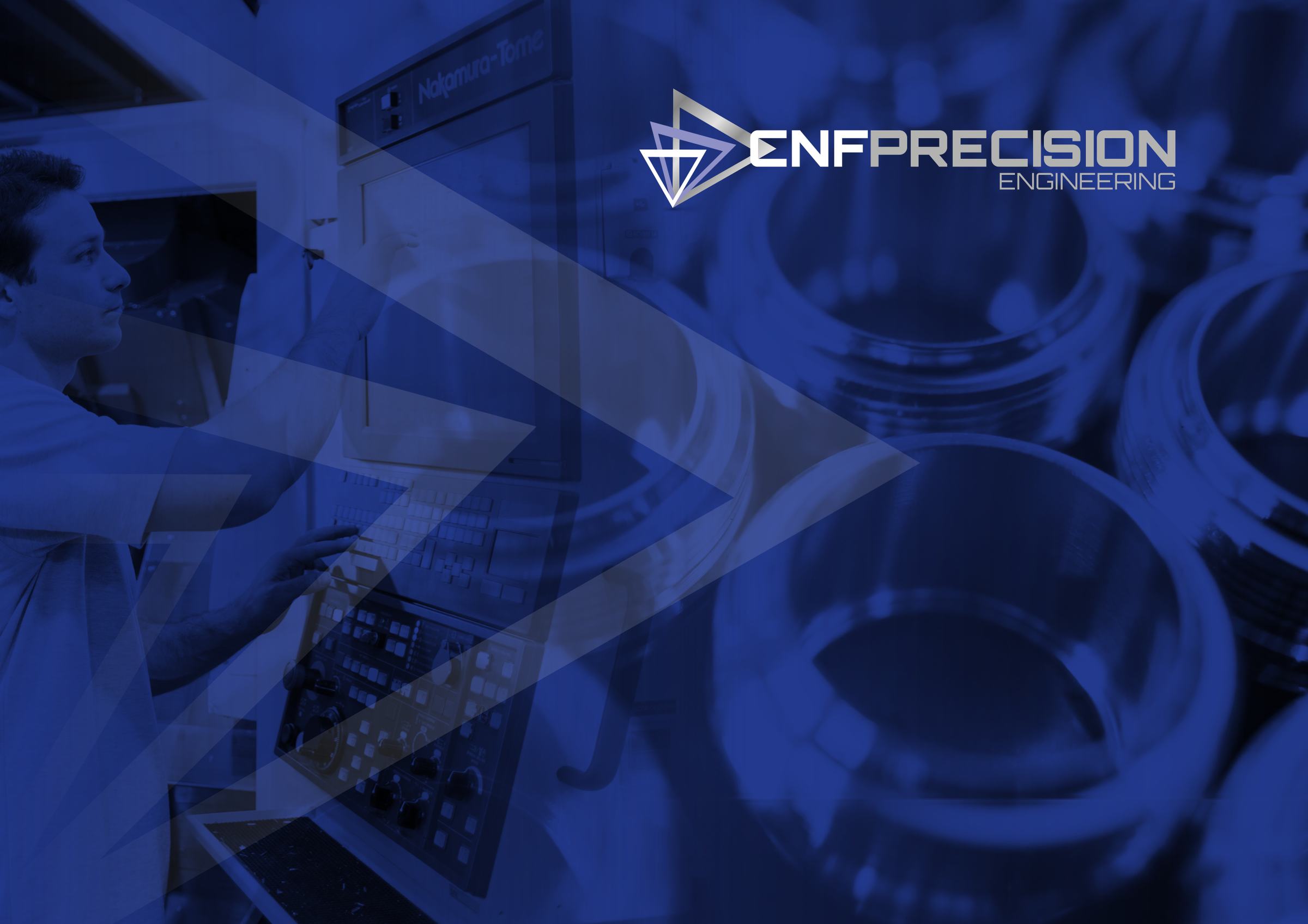 CNF Precision Engineering logo over a blue-toned photo of an engineer at a CNC machine and precision machined parts