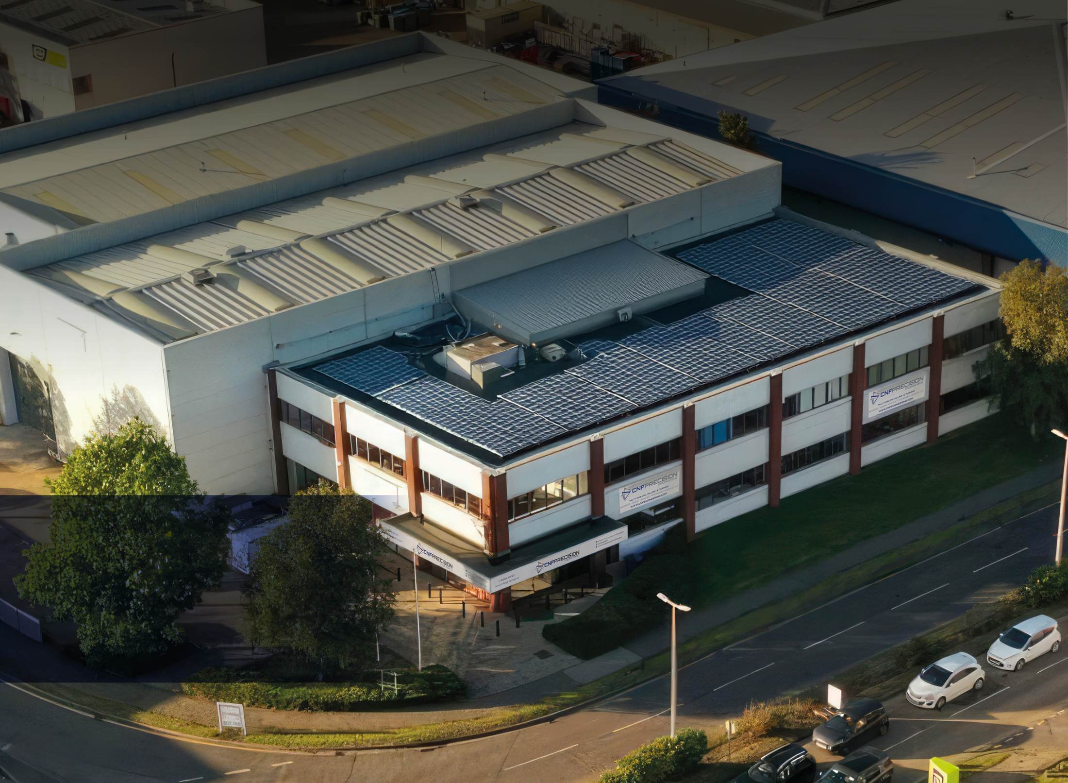 An aerial view of the CNF factory at Hamilton House, with solar panels on the roof