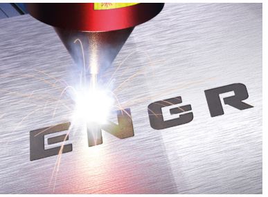 A laser engraving the letters ENGR into steel