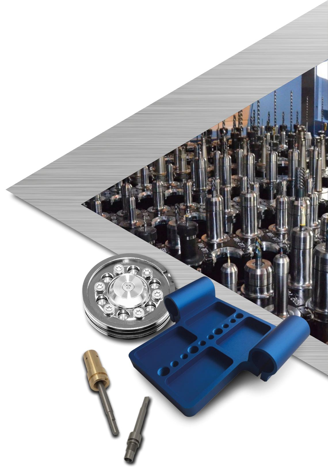 A steel arrowhead framing rows of machined tool holders, with a blue anodised part, a bearing and two turned pins in front